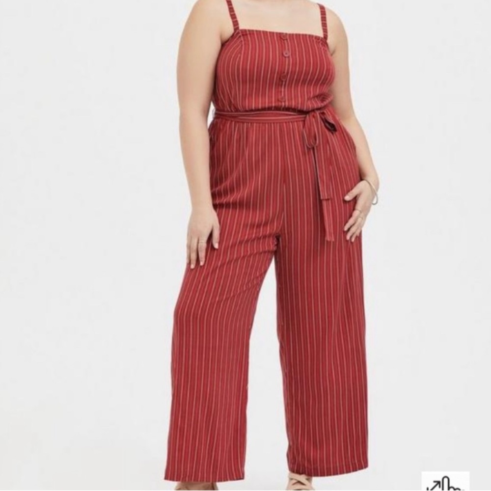 TORRID Brick Red Stripe Challis Self Tie Wide Leg Jumpsuit- Size 2